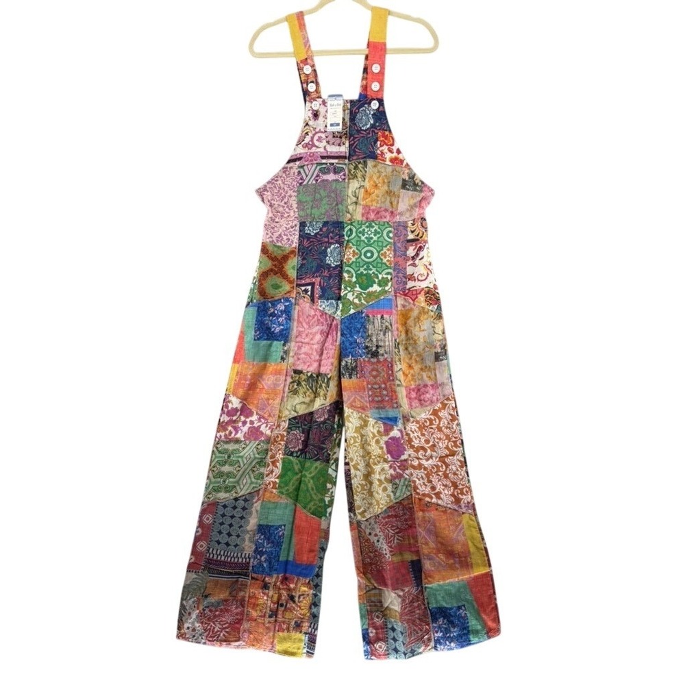 New Yak & Yeti Patchwork Overalls Women L/XL Multicolor Boho Wide‎ Leg Bibs